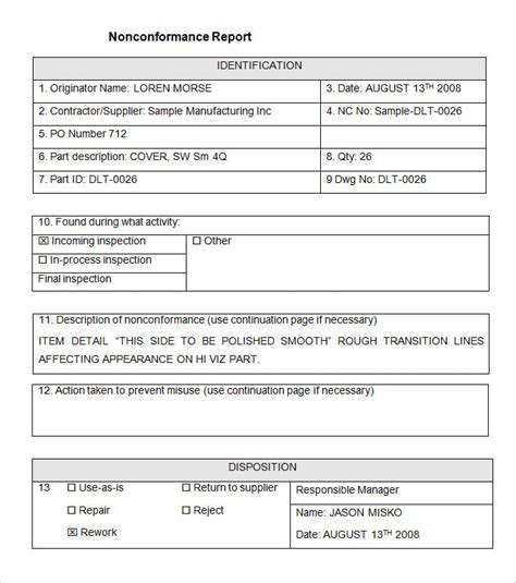 non conformance report template for manufacturing